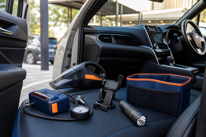 Essential car accessories arranged inside a modern vehicle in the UAE