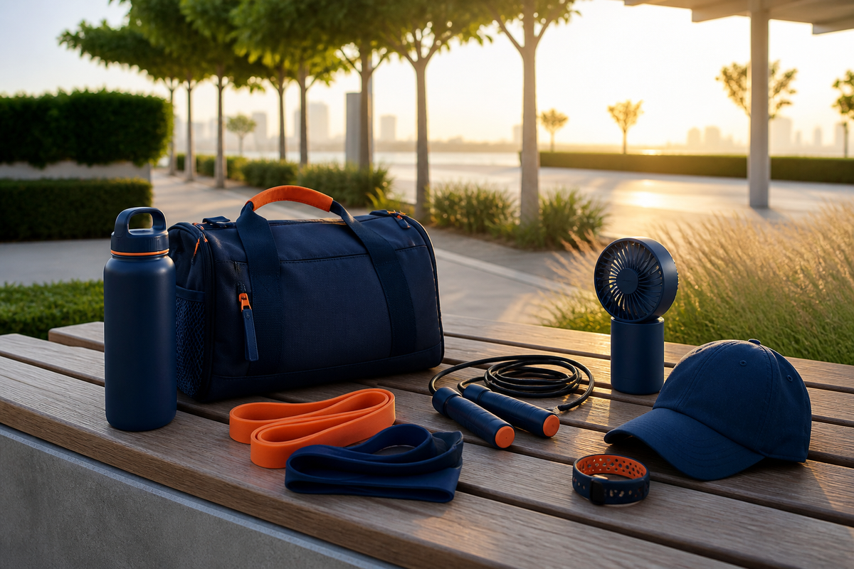 Outdoor fitness essentials arranged in a UAE park at sunrise