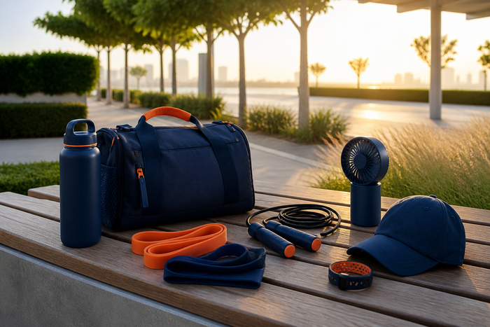 Outdoor fitness essentials arranged in a UAE park at sunrise