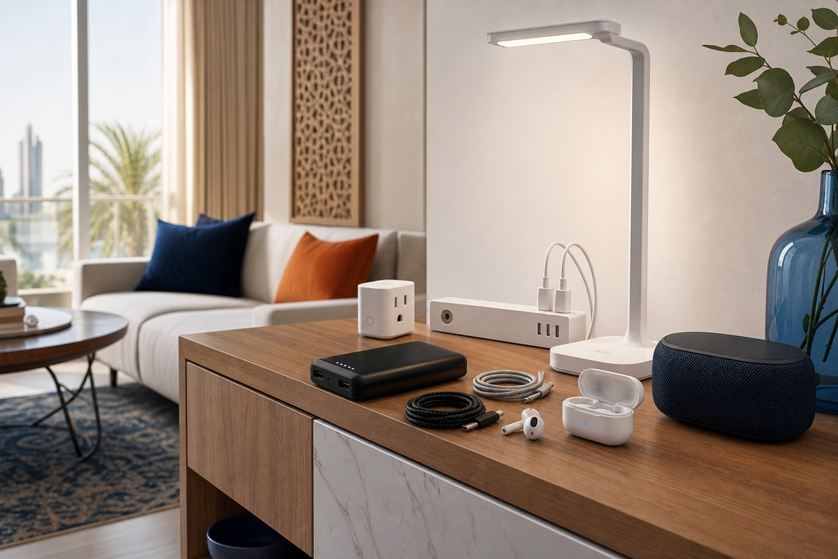 Useful everyday electronics arranged in a modern UAE living room