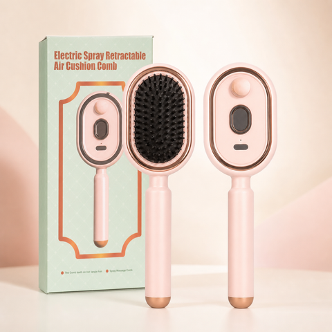 Electric Spray Retractable Air Cushion Comb in pink with product packaging