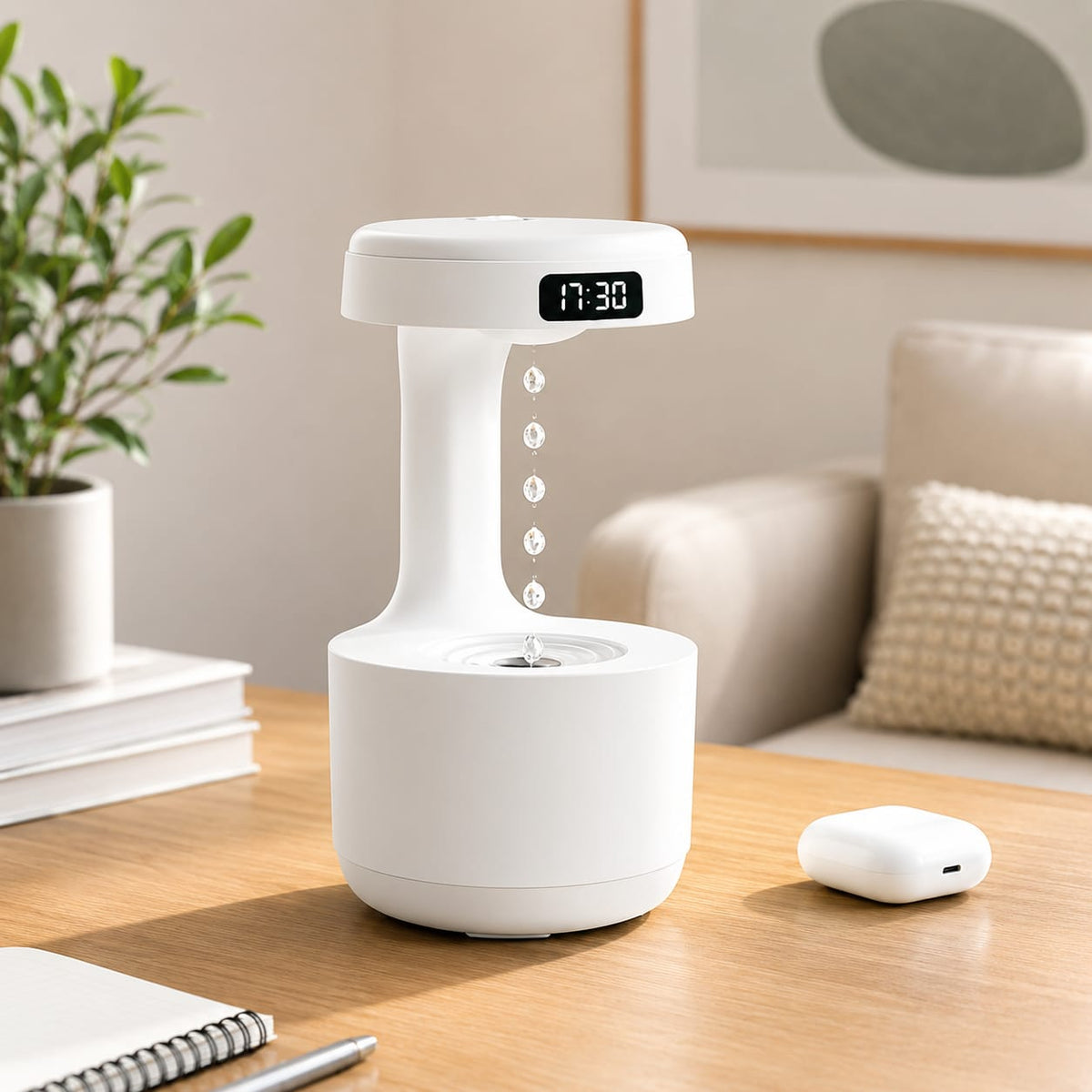 Antigravity Water Drop Humidifier with Digital Clock - feature view