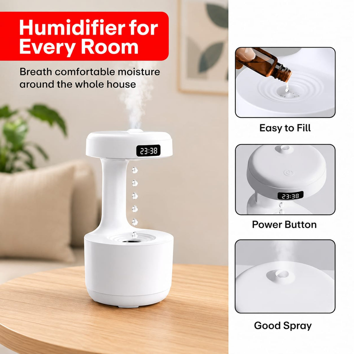 Antigravity Water Drop Humidifier with Digital Clock - use-case view