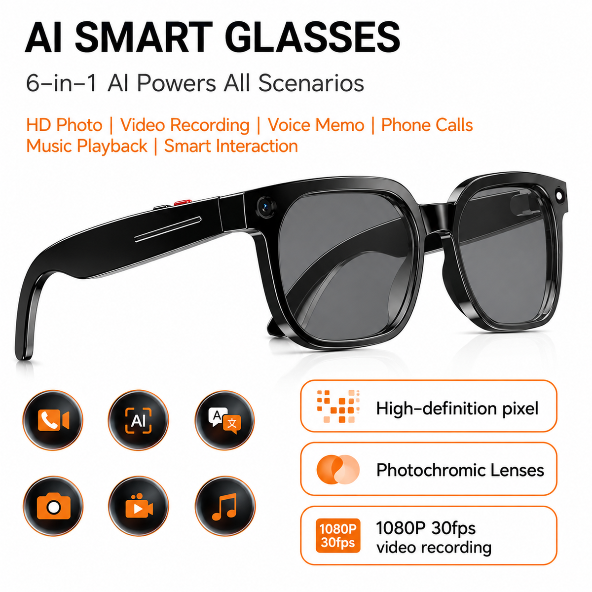 HD camera smart eyewear for calls music photos and voice notes