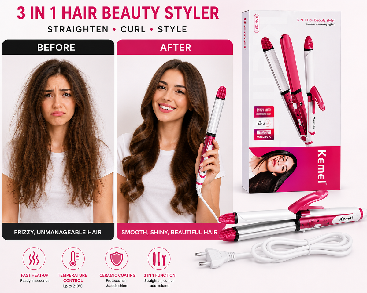 Kemei 3-in-1 Hair Beauty Styler – Straightener, Curler & Volumizer