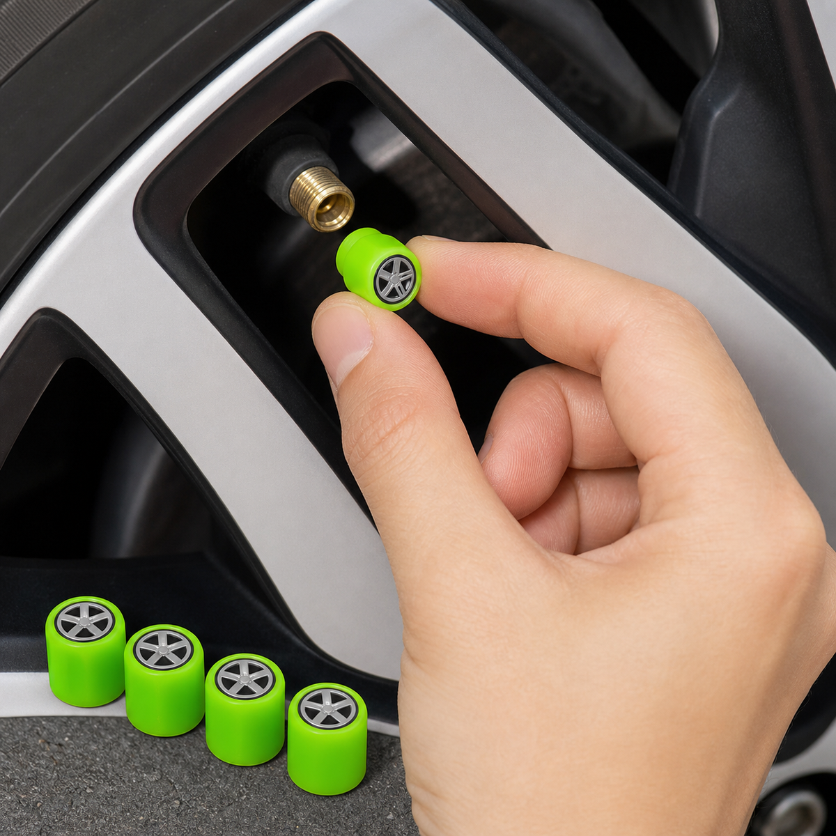 Installing a fluorescent green cap on a car tyre valve stem