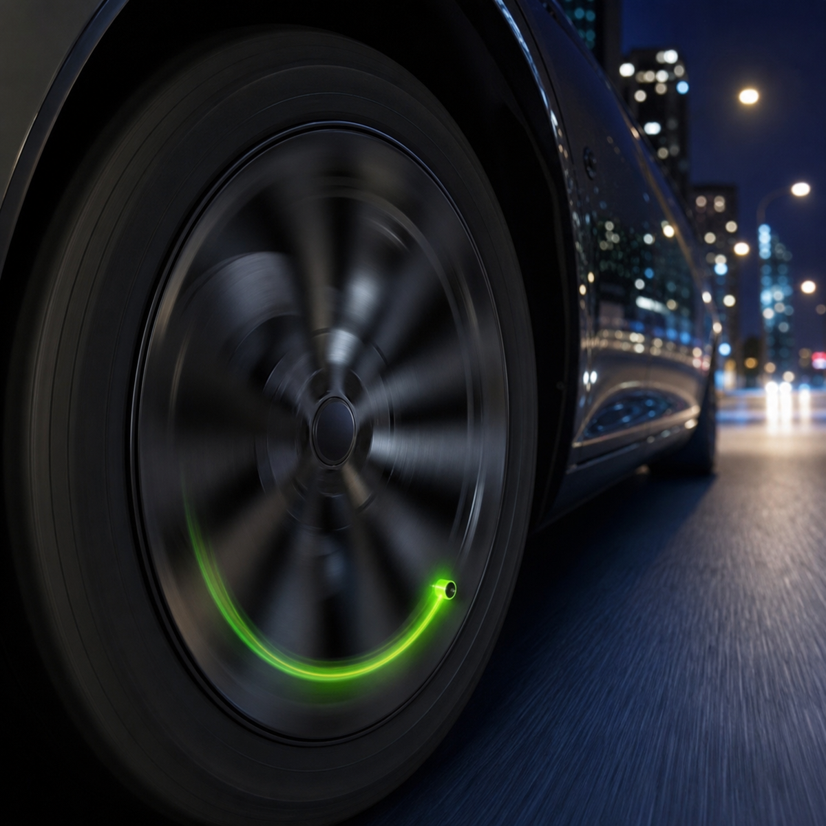 Fluorescent tyre valve cap creating a green running-wheel effect at night