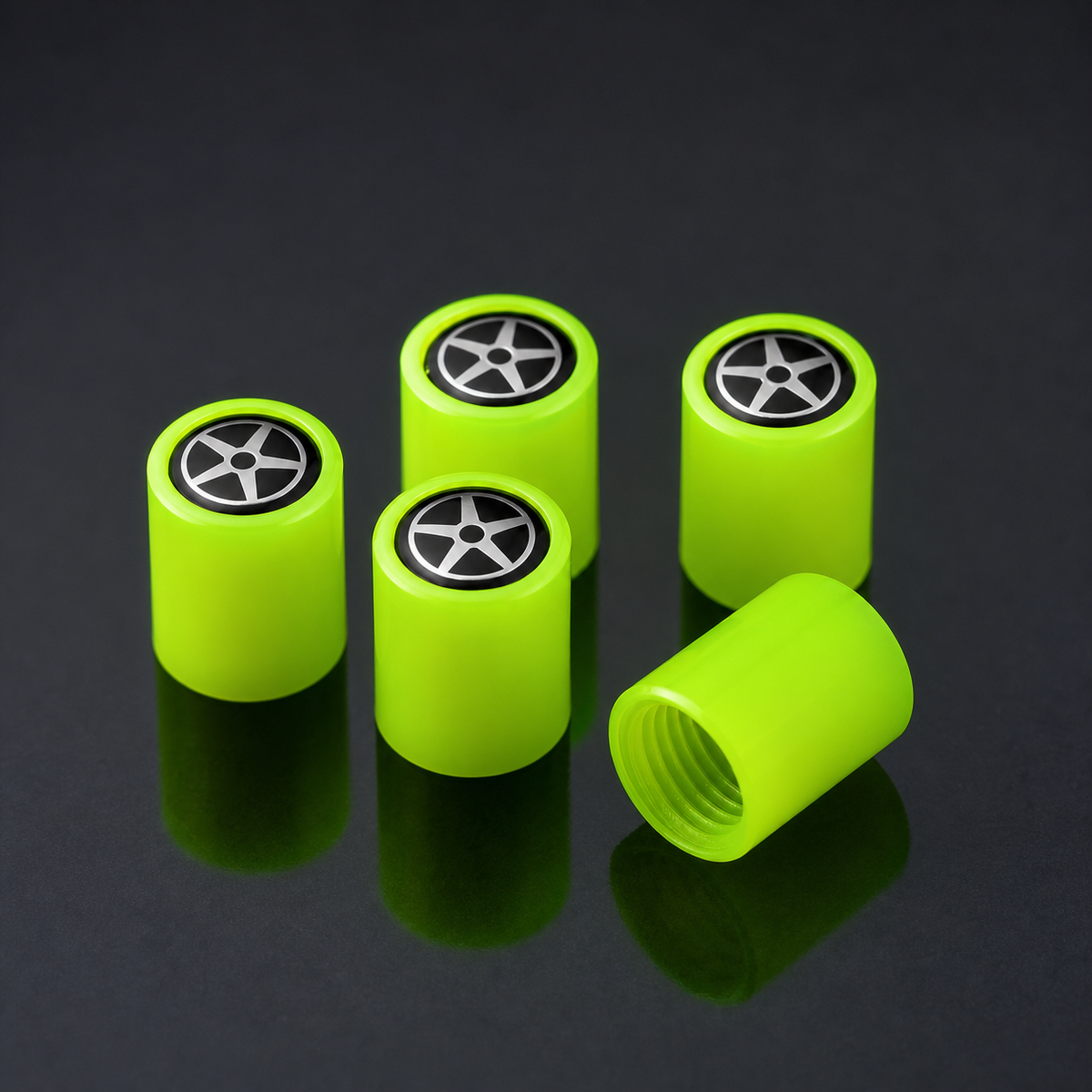 Fluorescent tyre valve caps with universal internal screw thread