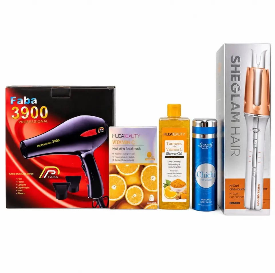 5-in-1 Ladies Beauty Care Combo – Hair Dryer, Automatic Hair Curler, Vitamin C Shower Gel, Hydrating Facial Mask & Sapil Body Spray