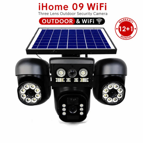 iHome 09 WiFi 3 Lens Solar Outdoor Security Camera – 2K HD | IP66 Waterproof | Motion Detection