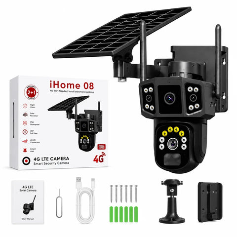 iHome 08 Solar 4G LTE PTZ Smart Security Camera with Dual Lens & Solar Panel