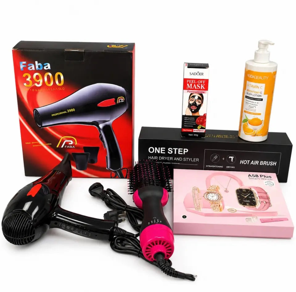 5-in-1 Ladies Beauty Combo – Hair Dryer, Hot Air Brush, A58 Plus Smart Watch, Peel-Off Mask & Vitamin C Body Lotion