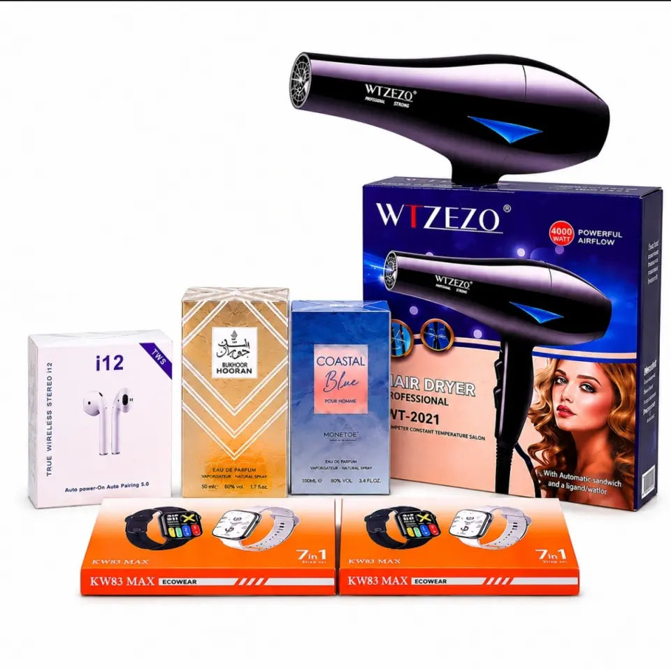 Ultimate Premium Lifestyle Gift Combo – Hair Dryer, Smart Watch, Perfumes & Earbuds