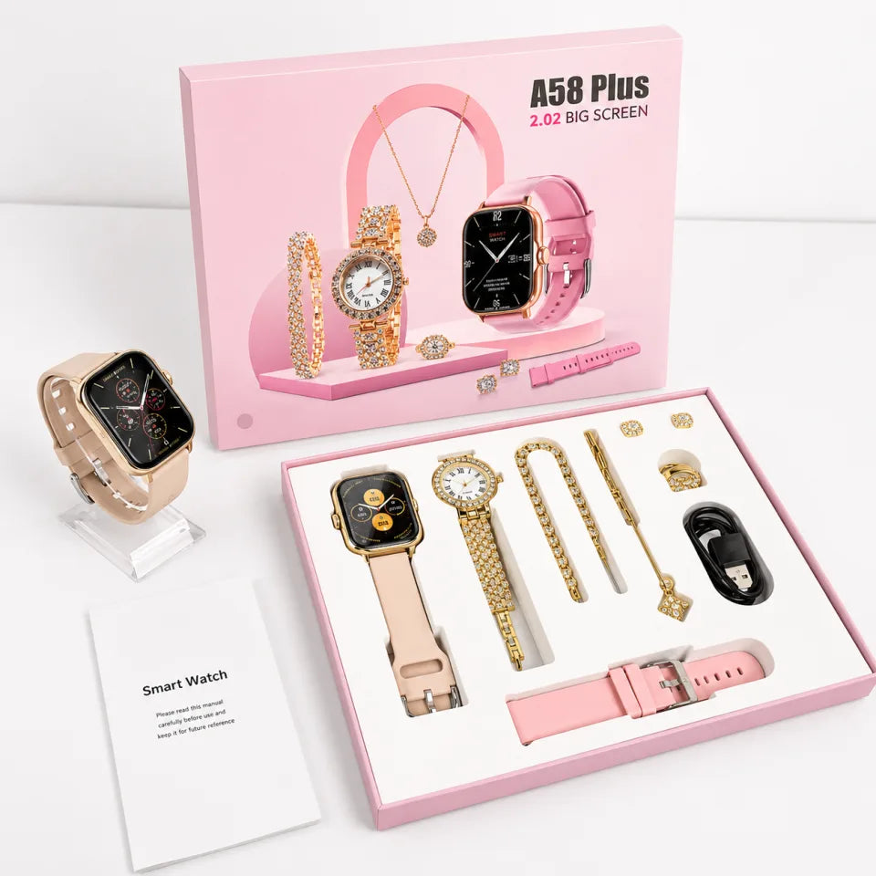 A58 Plus Smart Watch & Luxury Jewelry Gift Set – Beige Edition