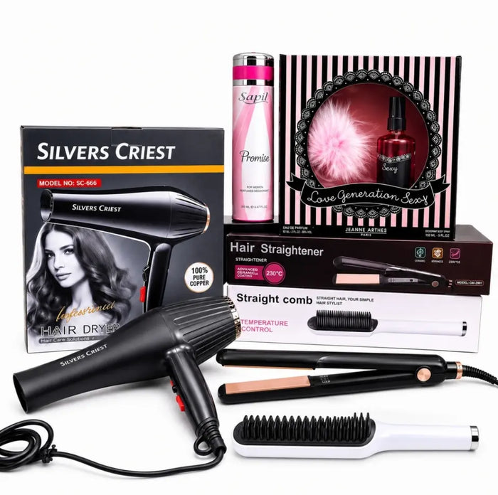 5-in-1 Beauty Care Combo Kit – Hair Dryer, Hair Straightener, Straight Comb, Body Spray & Perfume Gift Set