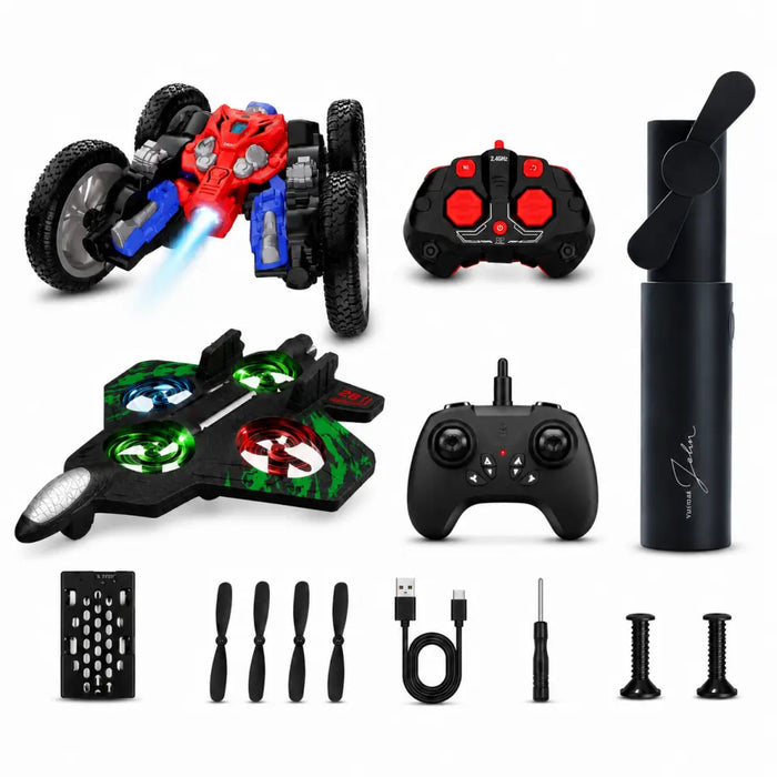 3-in-1 RC Stunt Car, Fighter Jet Drone & Mini Rechargeable Power Bank Fan Combo