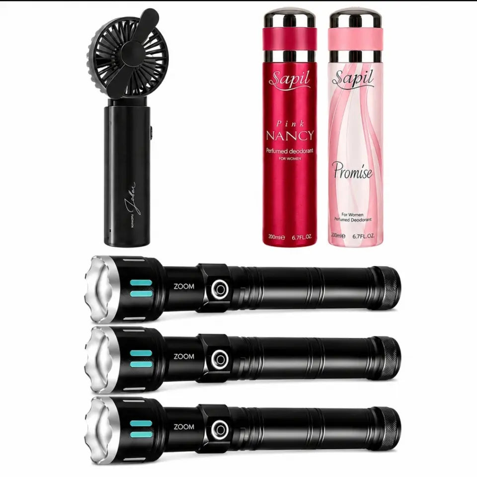 Ultimate Outdoor Combo Pack – 3 Heavy Duty Torches + 3-in-1 Powerbank Fan + 2 Sapil Body Sprays