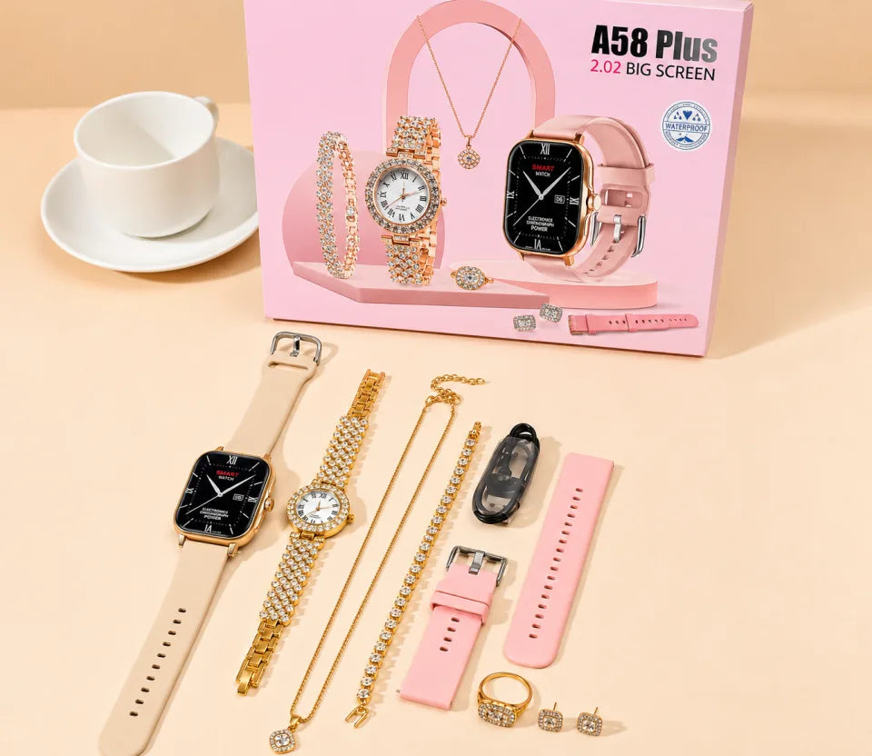 A58 Plus Smart Watch & Luxury Jewelry Gift Set – Beige Edition