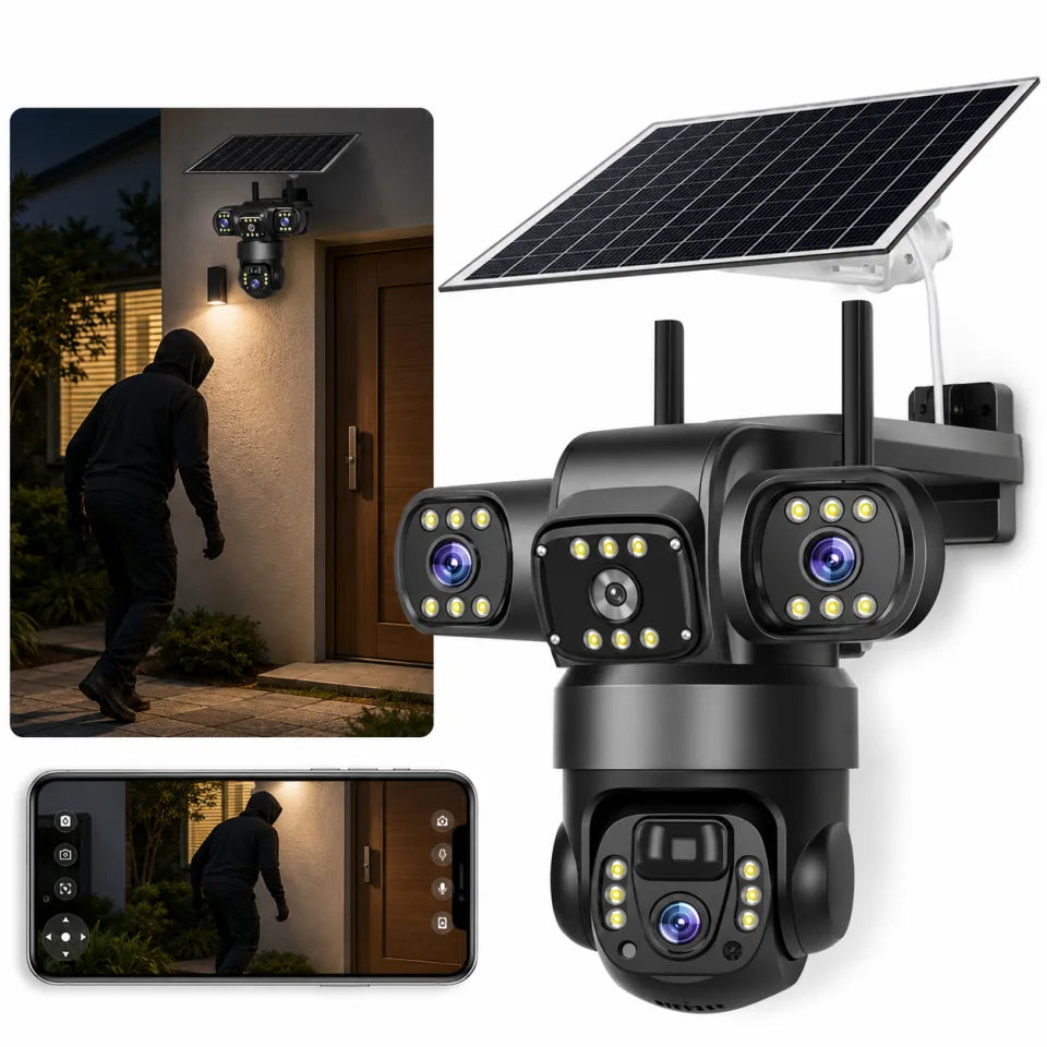 Solar AI 3-Lens WiFi Security Camera | 1080P HD | 360° PTZ | Full Color Night Vision