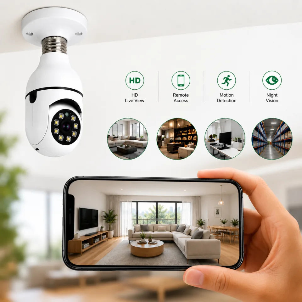 1080P WiFi Panorama Bulb Camera – 360° Smart Security Camera with Night Vision & Two-Way Audio