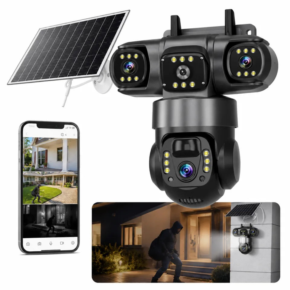 Solar AI 3-Lens WiFi Security Camera | 1080P HD | 360° PTZ | Full Color Night Vision