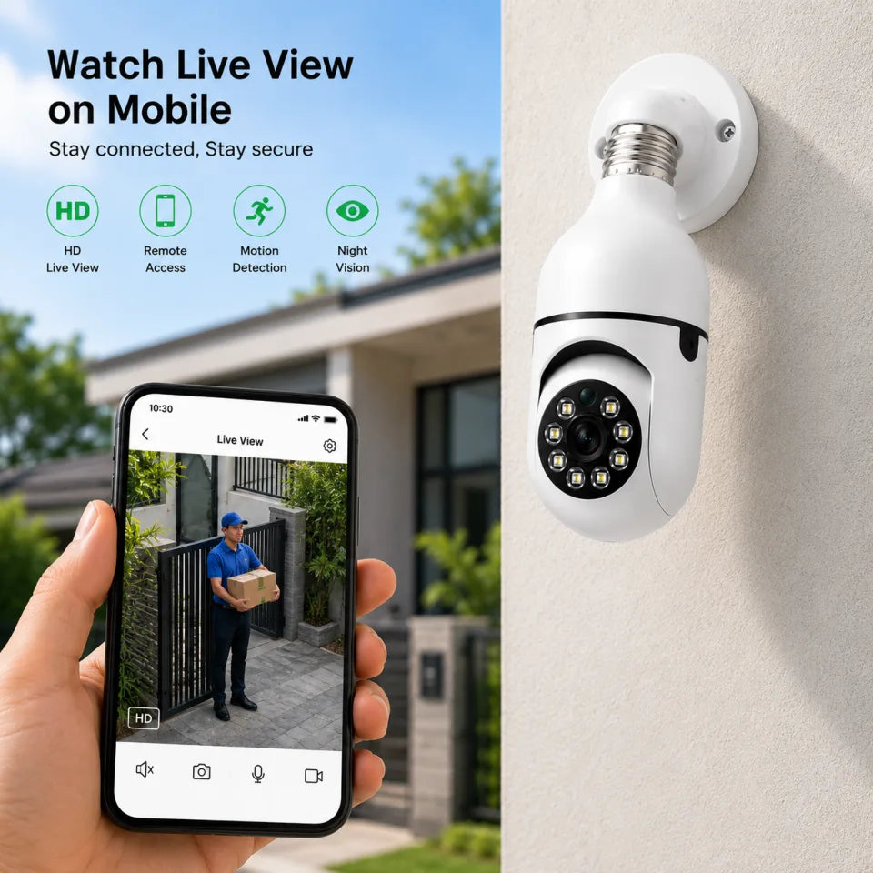 1080P WiFi Panorama Bulb Camera – 360° Smart Security Camera with Night Vision & Two-Way Audio