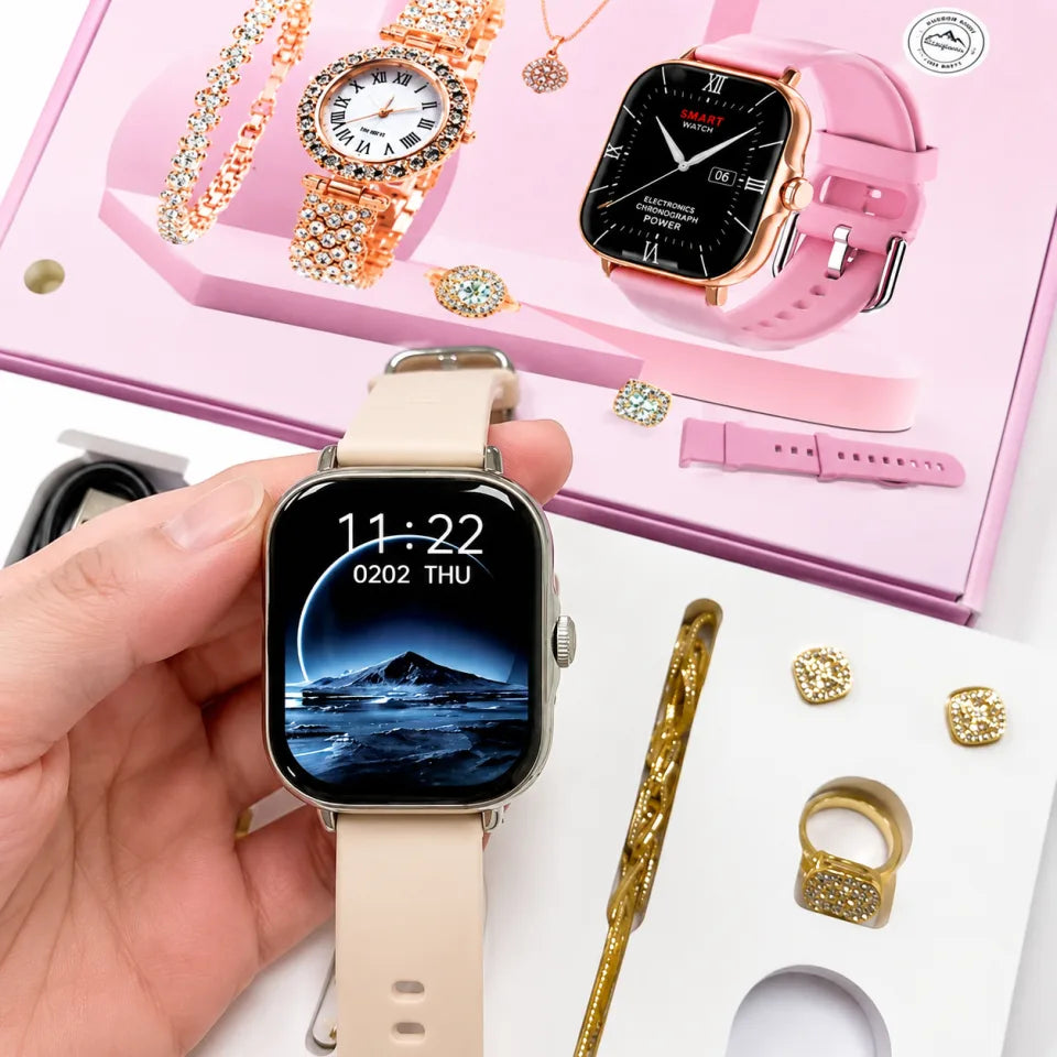 A58 Plus Smart Watch & Luxury Jewelry Gift Set – Beige Edition