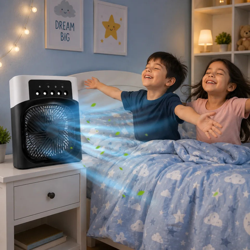 Portable Mini Air Cooler with 3-Speed Fan, LED Light & Timer