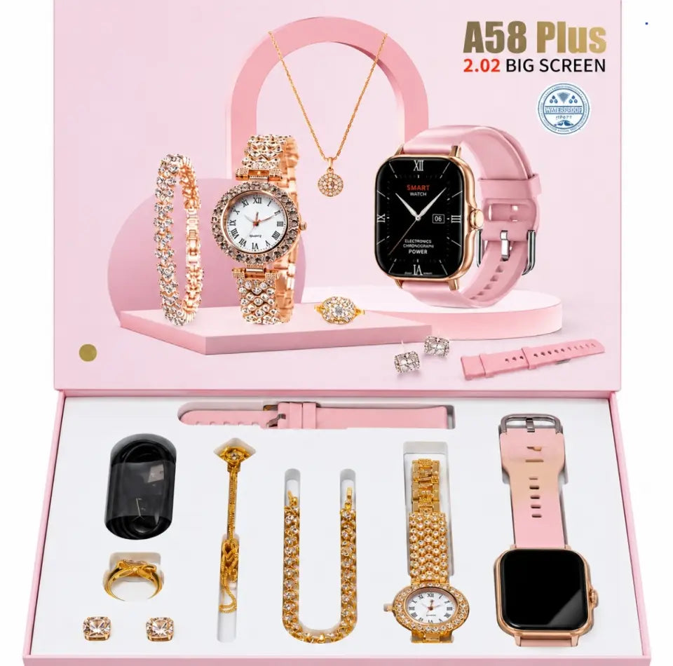 5-in-1 Ladies Beauty Combo – Hair Dryer, Hot Air Brush, A58 Plus Smart Watch, Peel-Off Mask & Vitamin C Body Lotion