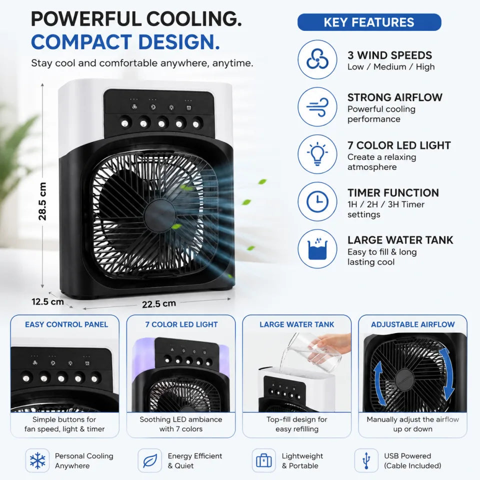 Portable Mini Air Cooler with 3-Speed Fan, LED Light & Timer