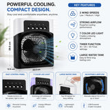Portable Mini Air Cooler with 3-Speed Fan, LED Light & Timer