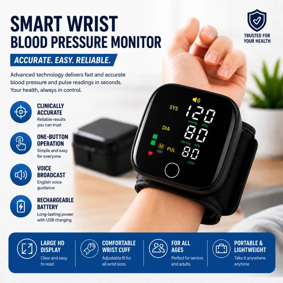 FASTCARE Smart Wrist Blood Pressure Monitor with Voice Guidance & Rechargeable Battery