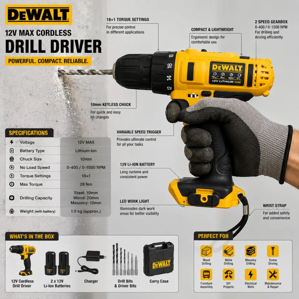 DEWALT 12V Cordless Drill Driver Kit with 2 Batteries