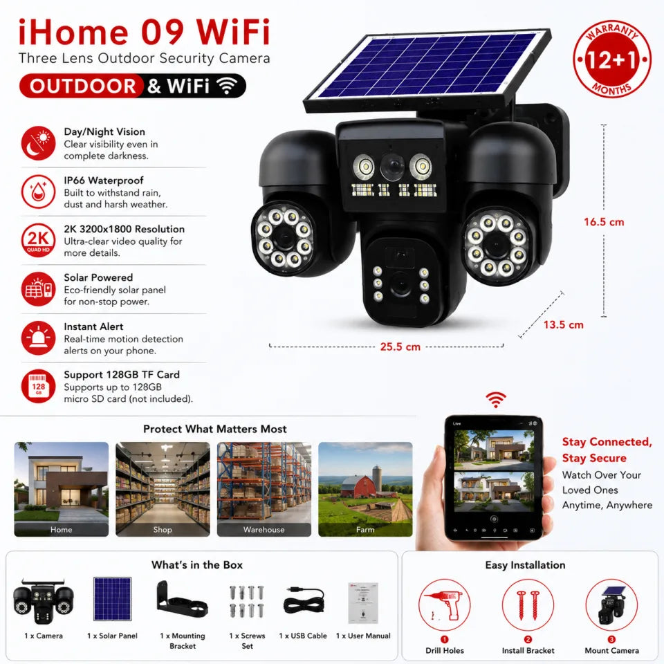 iHome 09 WiFi 3 Lens Solar Outdoor Security Camera – 2K HD | IP66 Waterproof | Motion Detection