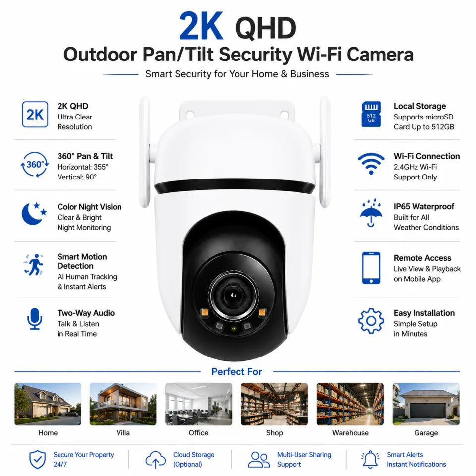 2K Outdoor Pan & Tilt Smart WiFi Security Camera with Color Night Vision