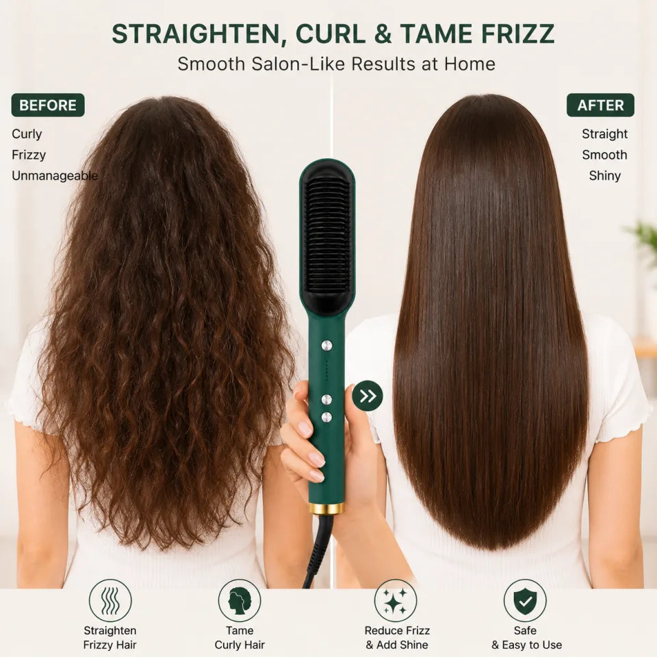 Professional Electric Hair Straightening Comb Brush – 5 Heat Levels (Green)